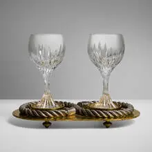 Hermès, Cordage double coaster with two Baccarat goblets, c. 1965, silver-plated metal, gold plated metal, lead glass