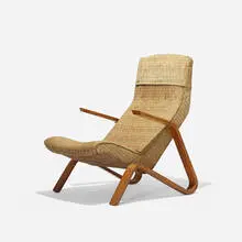 Grasshopper chair by Eero Saarinen, 1948, stained and laminated birch plywood, upholstery, sold Feb 2016