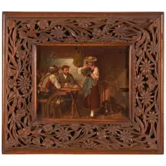 Franz Defregger, Touristen auf der Alm, oil on canvas laid to board in a hand carved walnut frame