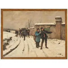 Paul Grolleron, Troops Pausing on a Village Road in Winter, oil on canvas