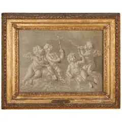 French School, Four Putti Merrymaking in a Landscape, oil on canvas en grisaille