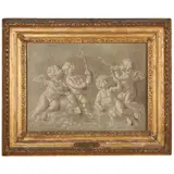French School, Four Putti Merrymaking in a Landscape, oil on canvas en grisaille