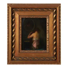 Léon Étienne Tournes, A Woman Brushing Her Hair in the Mirror, oil on panel