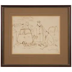 Ronald Searle, Paris Automobile Auction, pen and ink on paper