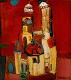 Raimonds Staprans, Houses with Blue Sun, 1959, oil on canvas