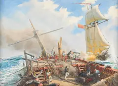 Stand into danger, H. M. S. Destiny vs. Privateer Heloise by Geoffrey Huband, oil on canvas, sold Mar 2026