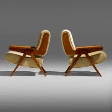 Gianfranco Frattini, Lounge chairs model 831, pair, 1955, ash plywood, upholstery, brass