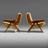 Gianfranco Frattini, Lounge chairs model 831, pair, 1955, ash plywood, upholstery, brass