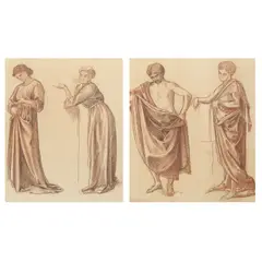 William De Morgan, Two studies of figures in drapery, a pair, coloured chalk