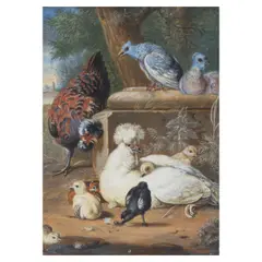 Melchior de Hondecoeter, Chickens and pigeons before a landscape, water and body colour with gum arabic on paper