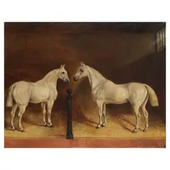 John Macleod, Two white carriage horses in a stable, oil on canvas
