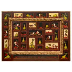 Miguel Canals, Still life with pears, cherries and birds, oil on canvas, in a painted frame
