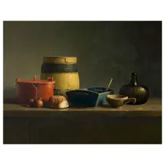 Henk Helmantel, Still life with bread, onions, a barrel and other pots on a ledge, 1995, oil on board