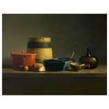 Henk Helmantel, Still life with bread, onions, a barrel and other pots on a ledge, 1995, oil on board