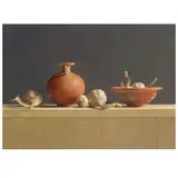 Henk Helmantel, Still life with garlic and pots on a ledge, 1995., oil on board