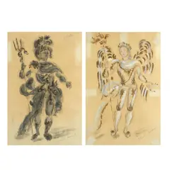 Oliver Messel, Two Costume Designs for Queen of Spades, watercolour, chalk and pencil on paper