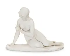 Edward Hodges Baily: A carved white marble figure of 'Eve listening to the voice of Adam', The seated young female nude partially supporting her turned body on her right arm, her left arm raised, her inclined head with parted lips and uplifted eyes in an expression of attentiveness, on integral naturalistic oval base, the rear inscribed, signed and dated EVE by E.H. BAILY R.A. Sculpt, London 1848, 90cm high, 125cm wide, 66cm deep, together with a pair of modern composition double scroll ended bracket supports, 39.5cm high, 14.5cm wide, 36cm deep  (3)
