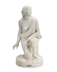 Randolph Rogers: A carved white marble figure of 'Ruth gleaning', raised on a contemporary breche violette marble and cream variegated onyx or breche oniciata column pedestal
