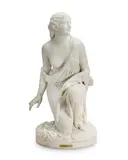 Randolph Rogers: A carved white marble figure of 'Ruth gleaning', raised on a contemporary breche violette marble and cream variegated onyx or breche oniciata column pedestal