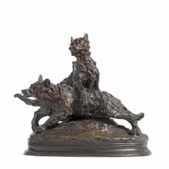 Thomas François Cartier, patinated bronze model of two German Shepherd puppies, patinated bronze