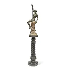 Ernest Ferrand, patinated bronze figure of 'Pêcheur au harpon (Fisher boy with harpoon)' together with a contemporary serpentine marble pedestal, patinated bronze