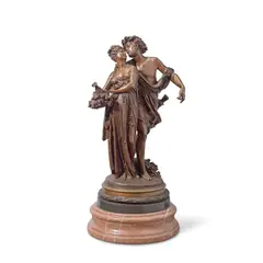 patinated bronze figural group of an amorous Bacchanalian couple by Albert-Ernest Carrier-Belleuse, patinated bronze, sold Apr 2026