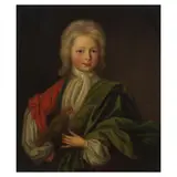 John Verelst, Portrait of a boy, half-length, holding a parrot, within a painted oval, oil on canvas
