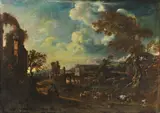 Johann Anton Eismann, A drover and cattle crossing a bridge in an extensive river landscape, oil on canvas