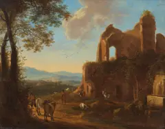 Horatius de Hooch, Figures and cattle before a ruin in an Italianate landscape, oil on panel