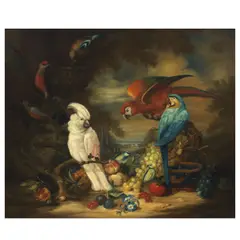 Tobias Stranover, A cockatoo, parrots and other birds with a still life of fruit before a landscape, oil on canvas