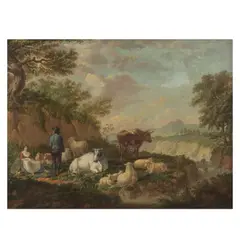 Jacob Philipp Hackert, Figures and cattle resting before a river landscape, oil on canvas