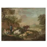 Jacob Philipp Hackert, Figures and cattle resting before a river landscape, oil on canvas