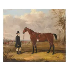 Thomas Walker Bretland, Portrait of a bay horse with a huntsman, huntsmen and hounds beyond, oil on canvas