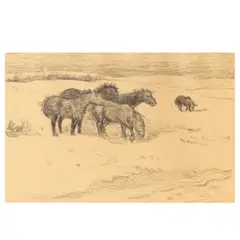 Robert Bevan, Exmoor ponies in the snow, charcoal