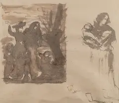 R.A. Augustus Edwin John O.M., Family group and a study of Ida holding a baby, pen and ink and wash on paper