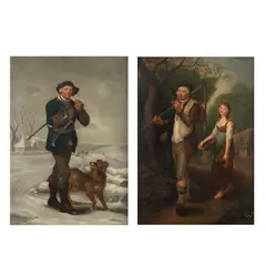 Thomas Barker, The woodcutter in winter; Collecting water in summer, a pair, oil on canvas