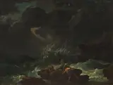 A shipwreck in stormy seas with figures on rocks in the foreground by Philip James de Loutherbourg R.A., oil on canvas, offered Apr 2026