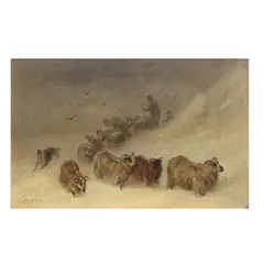 Walter Hunt, Shepherd and his flock in the snow, oil on board