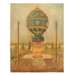 French School, The first manned hot air balloon ascent, Paris 1783, oil on panel