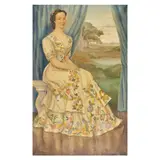 Portrait of Mrs Graeme, full length, seated wearing a floral embroidered dress with landscape beyond by Christine Bacheler Nisbet, sold Sep 2026