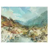 Hamish Lawrie, View of a highland river, oil on board