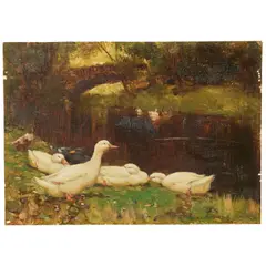 Patrick Downie Rsw, Ducks on a river bank, oil on canvasboard