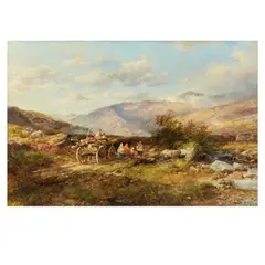 John Syer Ri, Travellers and lumber cart in a landscape believed to be the foot of Mount Snowdon, oil on canvas laid to board