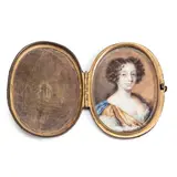 Charles Beale, Miniature of a lady, watercolour on ivory, the gilt metal and leather case with paper label verso inscribed 'Mrs Whalley by Chas.Beale c.1680 C13'