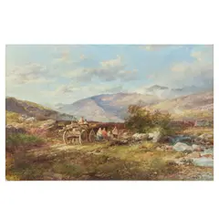 John Syer Ri, Travellers and lumber cart in a landscape believed to be the foot of Mount Snowdon, oil on canvas laid to board
