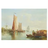 Edmund Thornton Crawford, Barges on a Dutch canal, oil on panel