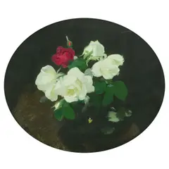 Stuart Park, Red and white roses, oil on canvas, oval