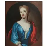 William Aikman, Half length portrait of a lady in a blue dress with red shawl, oil on canvas, feigned oval