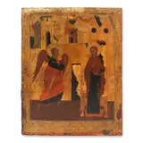 Russia, second half 16th Century by Icon of the Annunciation, traditionally painted, the Archangel appearing to the Mother of God shown against an elaborate architectural complex, sold Jul 2026