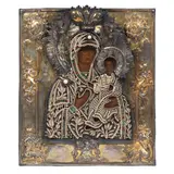maker's mark in Cyrillic 'S.M', assay mark in Cyrillic 'A.B' for A.Vikhliaev 1788, Moscow by Icon of the Smolenskaya Mother of God, traditionally painted in strong colours in silver-gilt chased and repoussé oklad with beaded and pearl vestment applied , offered Jul 2026